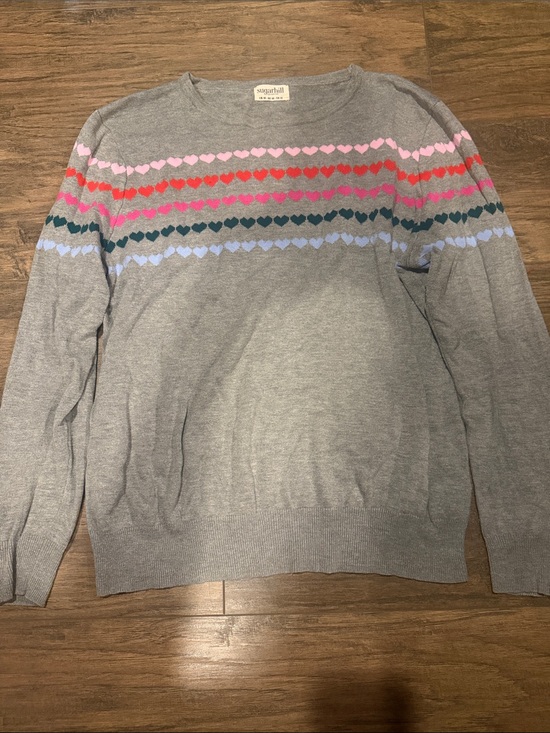 Sugarhill Sweaters - Sugarhill Gray Crewneck Sweater with Multicolor Heart Stripes Size 12